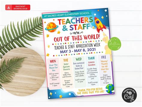 EDITABLE Space Theme Teacher Appreciation Week Itinerary Etsy