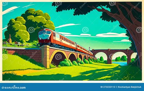 Pintura Del Tren Que Atraviesa Un Puente Ai Generativo Stock De