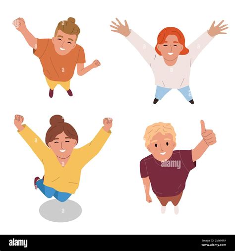 Happy People Looking Up Jumping With Joy Top View Flat Isolated Vector