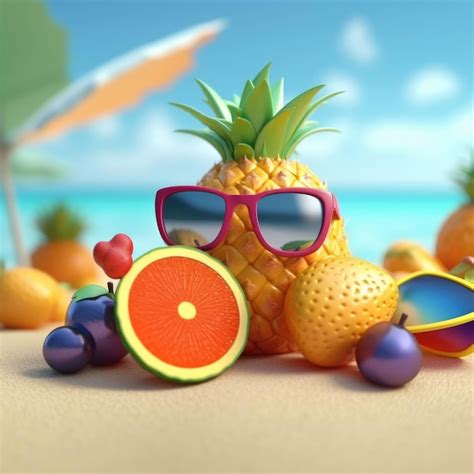 Premium Photo Funny Summer Fruits With Sunglasses On Beach 3d Render