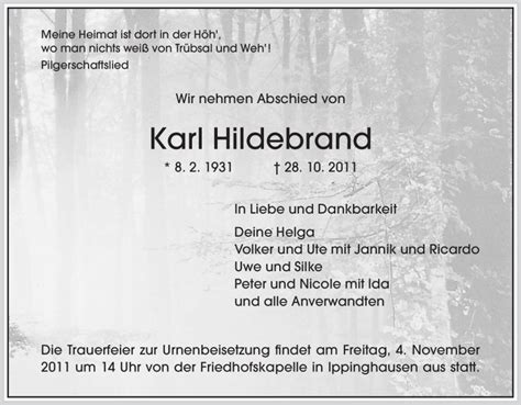 Traueranzeigen Von Karl Hildebrand Trauer Hna De