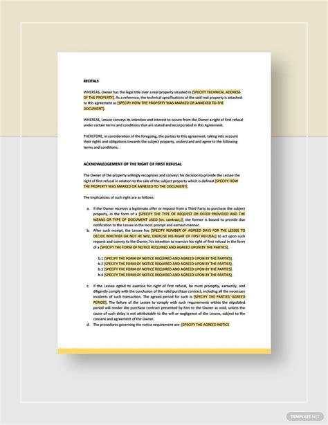 Right Of First Refusal Template