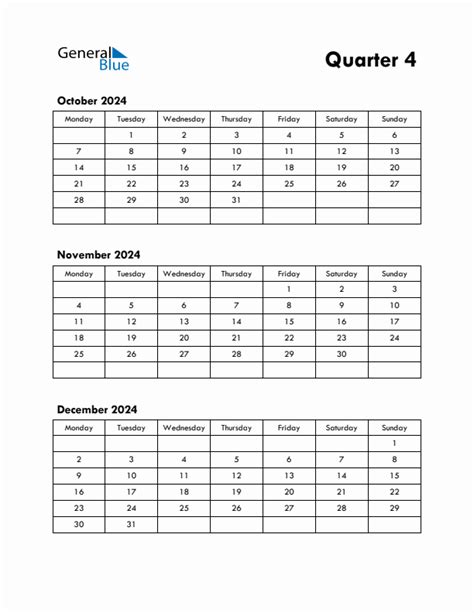 Three Month Calendar Template Q4 2024