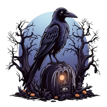 Halloween Raven Cartoon On Grave And Tree Design Holiday And Scary