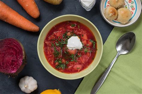 Traditional Russian And Ukranian Borsch With Ingredients Stock Photo