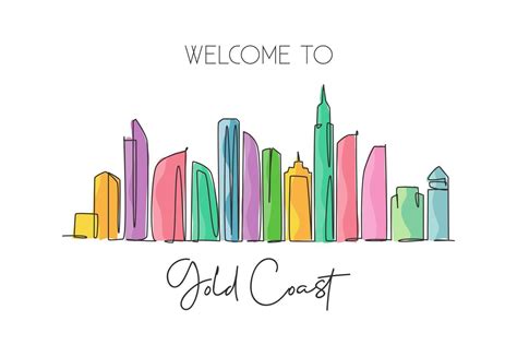 Single Continuous Line Drawing Of Gold Coast City Skyline Australia