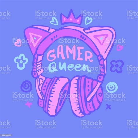 Bright Illustration With Headphones And Text Gamer Queen Typography