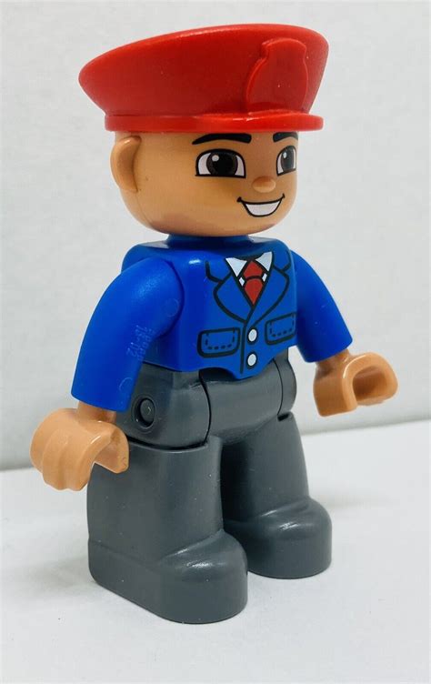 Lego Duplo Male Figure W Red Hat Blue Jacket Gray Pants Pilot Train