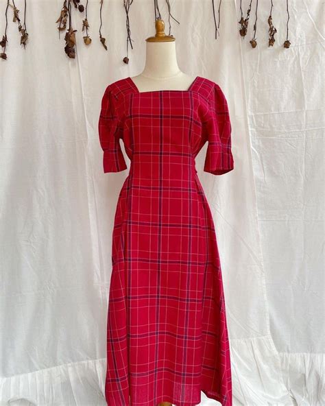 New Dress Terusan Merah Red Maroon Marun Imlek Cny Checked Kotak Tartan