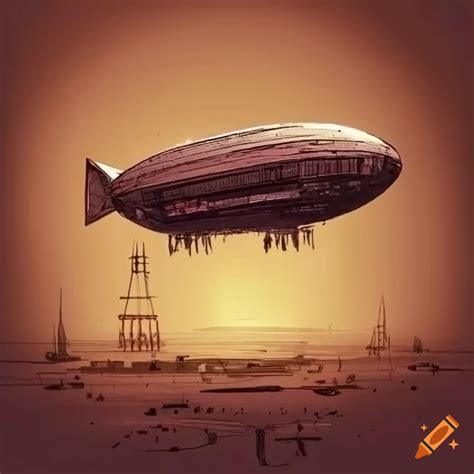 Detailed Technical Drawing Of A Cyberpunk Zeppelin In Sepia Tones On