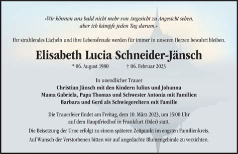 Traueranzeigen Von Elisabeth Lucia Schneider J Nsch M Rkische