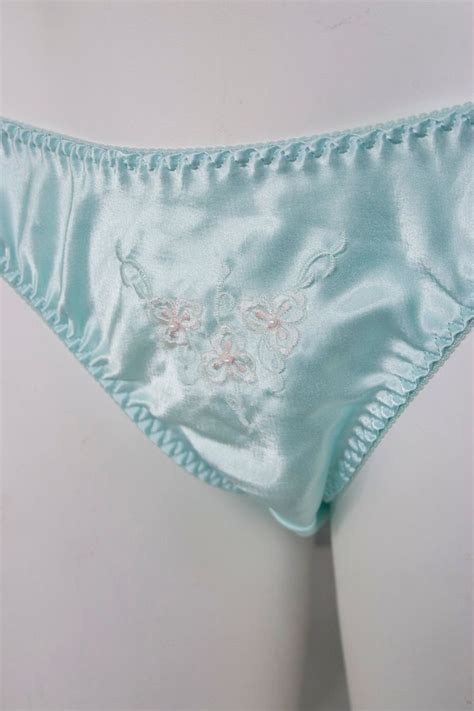 Vtg Aqua Wet Look Satin Floral Embroidered Lace String Bikini PANTIES