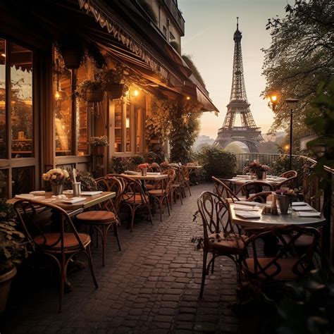 Premium AI Image | terrace of cafe in paris evening eiffel tower