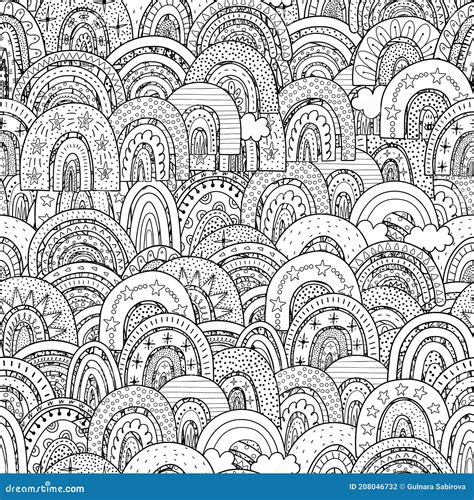 Doodle Rainbows Black And White Seamless Pattern Fantasy Coloring Page