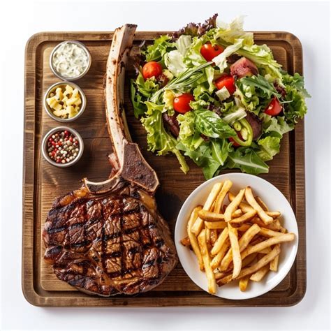 Top View Of A Big Tomahawk Steak With French Fries And Caesar Salad Premium Ai Generated Image