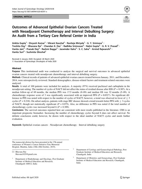 Pdf Outcomes Of Advanced Epithelial Ovarian Cancers Treated With Neoadjuvant Chemotherapy And