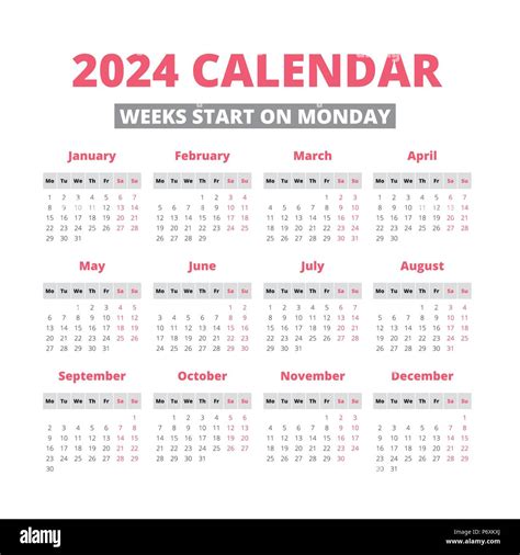 Simple 2024 Year Calendar Week Starts On Monday Stock Vector Image