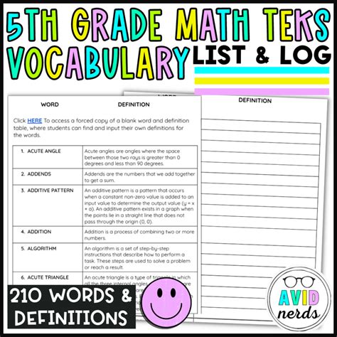 5th Grade Math Teks Vocabulary List With Definitions And Log Made By