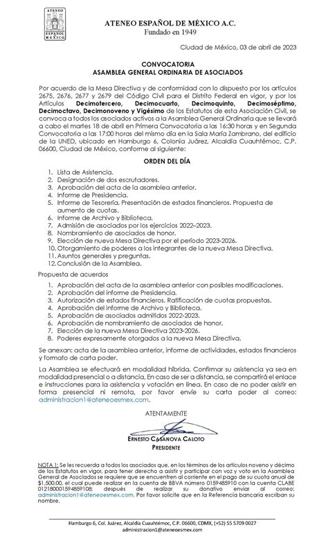 Convocatoria De Asamblea General Ordinaria