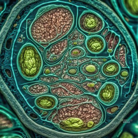 Cloroplastos vívidos em uma célula vegetal uma visualização de microscópio eletrônico de alta ...