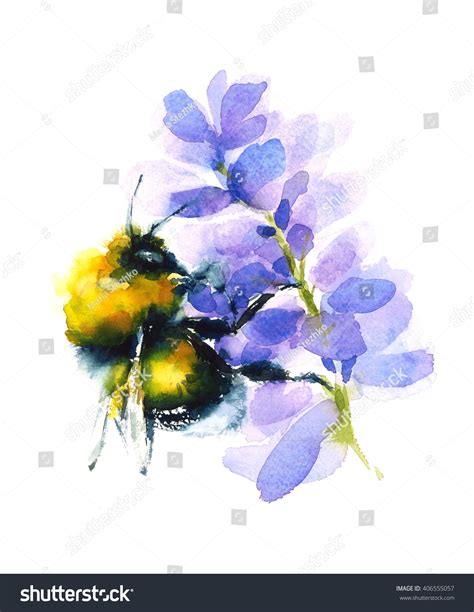 Watercolor Bumblebee Gathering Honey Flower Hand Stock Illustration