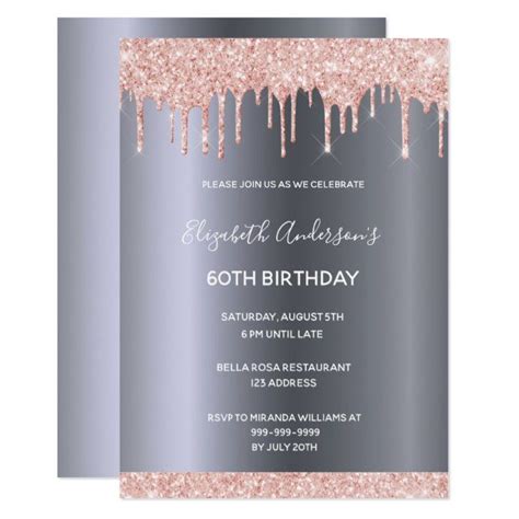 A Pink And Silver Birthday Party Card With Glitter Drips On The Front