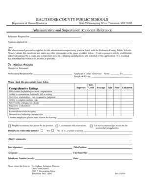 Fillable Online Bcps Administrative And Supervisory Applicant Reference