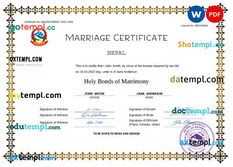 Nepal Marriage Certificate Word And PDF Template Fully Editable