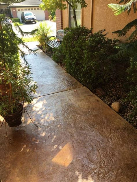 A Walkway With Plants And Trees In The Background Next To A Building