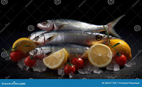 Sardines Fish On Ice With Lemon And Vegetable Sardine Fish Stock