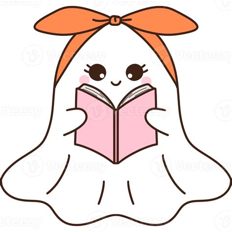 Cute Ghost Reading Book Clipart Groovy Retro Halloween Bookish