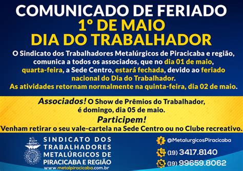 Comunicado Feriado 1º de Maio Dia do Trabalhador Sindicato dos