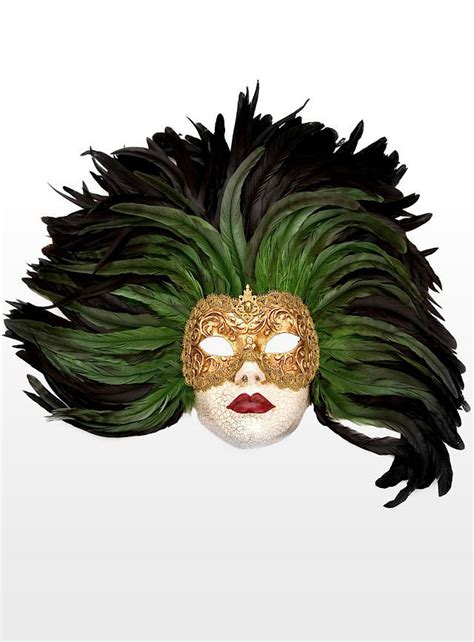 Piuma Verde Grande Volto Stucco Oro Venezianische Maske Venezianische