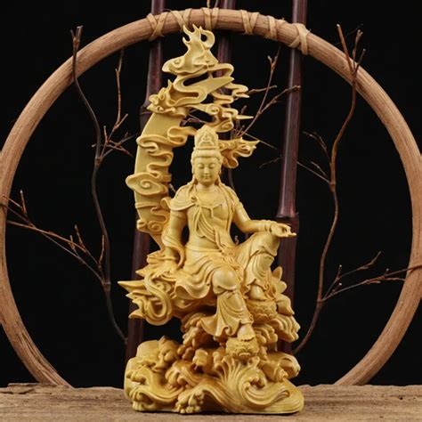 Statue De Bouddha Guanyin En Bois Sculpture De Bodhisattva Artisanat