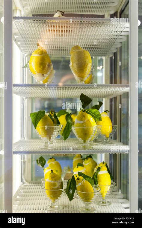 Display Of Chilled Lemon Sorbet Desserts In A Cafe In Positano Italy