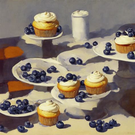 Painting Of Blueberry Cupcakes With Creme Topping By Stable Diffusion