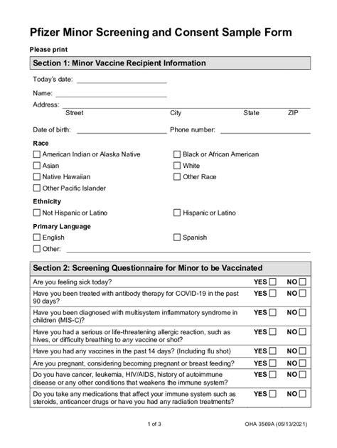 Fillable Online Pfizer Minor Screening And Consent Sample Form Fax