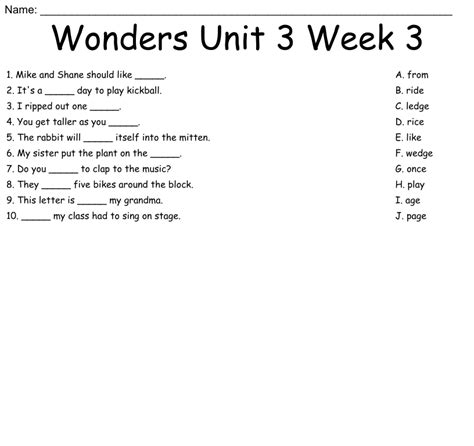 Wonders Unit Week Worksheet Wordmint