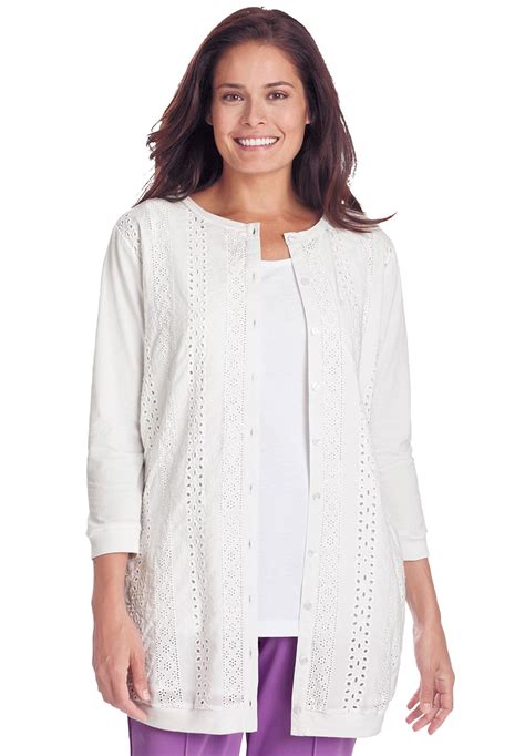 Cardigan In Knit Eyelet Jersey With Button Front Rib Knit Trim Plus