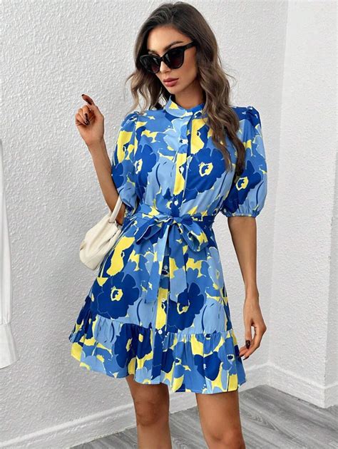 Shein Clasi Floral Print Ruffle Hem Belted Dress Shein Usa