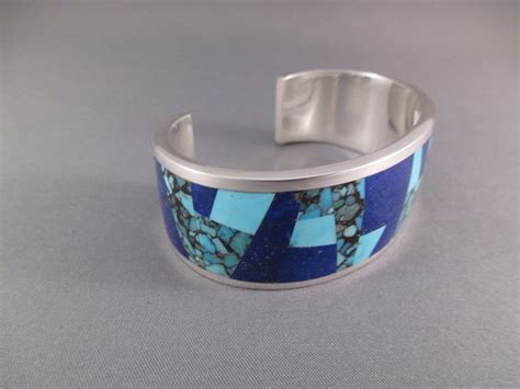 Turquoise And Lapis Inlay Cuff Bracelet Wide