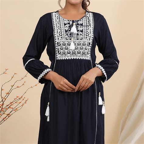 Navy Blue Floral Embroidered Rayon Naira Cut Kurti