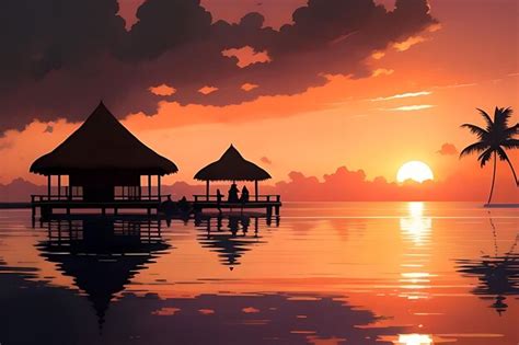 Premium Photo | Tropical beach sunset anime view