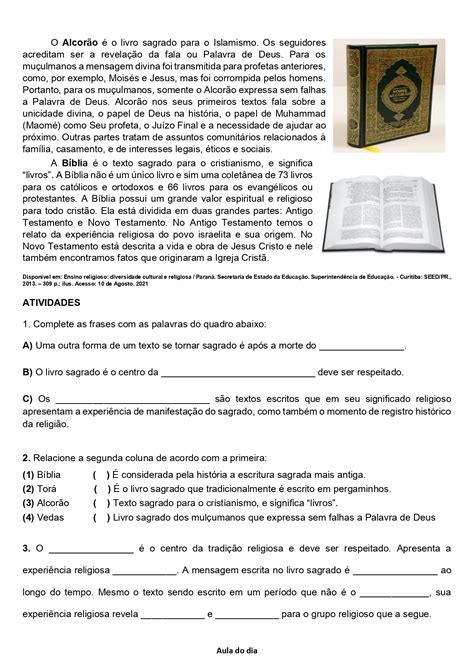 Atividades Textos Sagrados Ensino Religioso