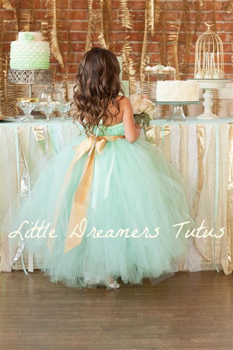 Adorable Flower Girl Dress Mint Green Gold