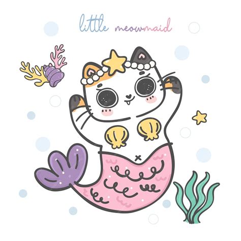 Premium Vector | Cute rainbow mermaid kitten calico cat cartoon doodle ...