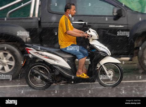 Samut Prakan Thailand Sep A Man Rides A Motorcycle On The