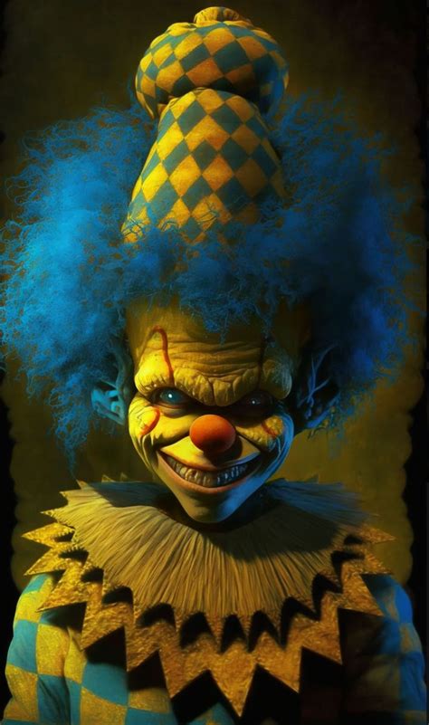 An Evil Clown With Blue Hair And Yellow Makeup