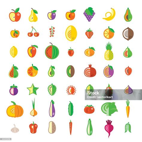 Fresh Fruits And Vegetables Flat Style Icons Set Stock Illustration