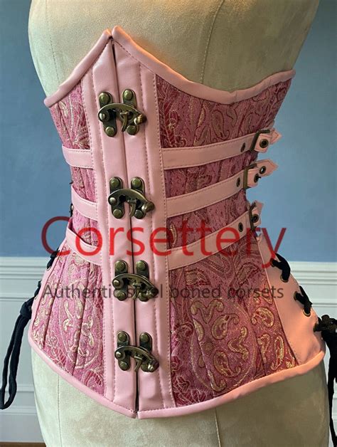 Double Row Steel Boned Authentic Underbust Brocade Corset With Leather Corsettery Authentic